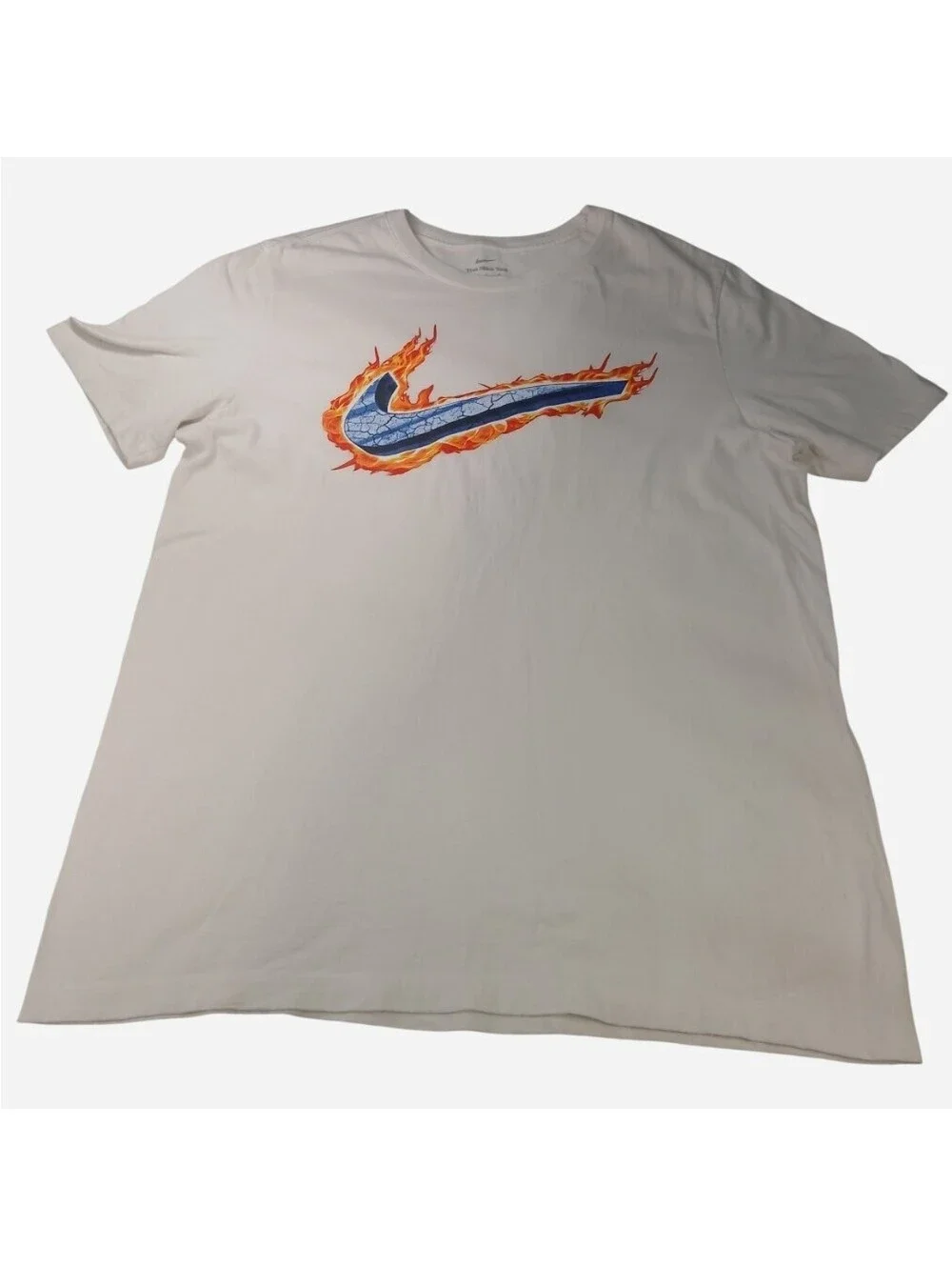 Nike The Nike Tee Large L White Graphic T-Shirt Blue Flame Fire Big Swoosh Logo